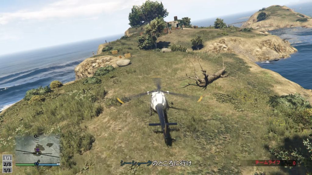 島の空き地にヘリを着陸